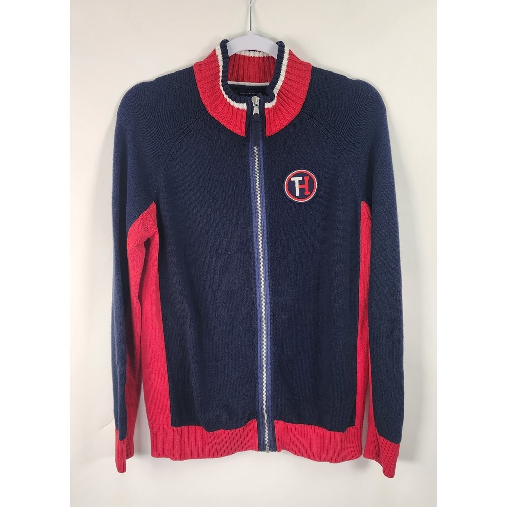 Tommy Hilfiger Sweater Women's XL Navy Red Full Zip Logo Patch Raglan Sleeve